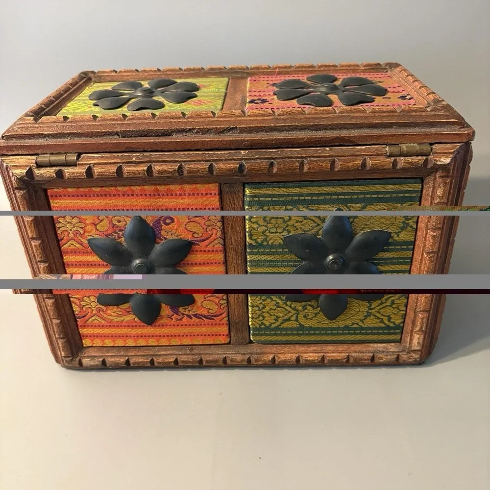 Vintage  Carved Wooden Spice Storage Jewelry Box Chest Indian Hippie Boho Heavy